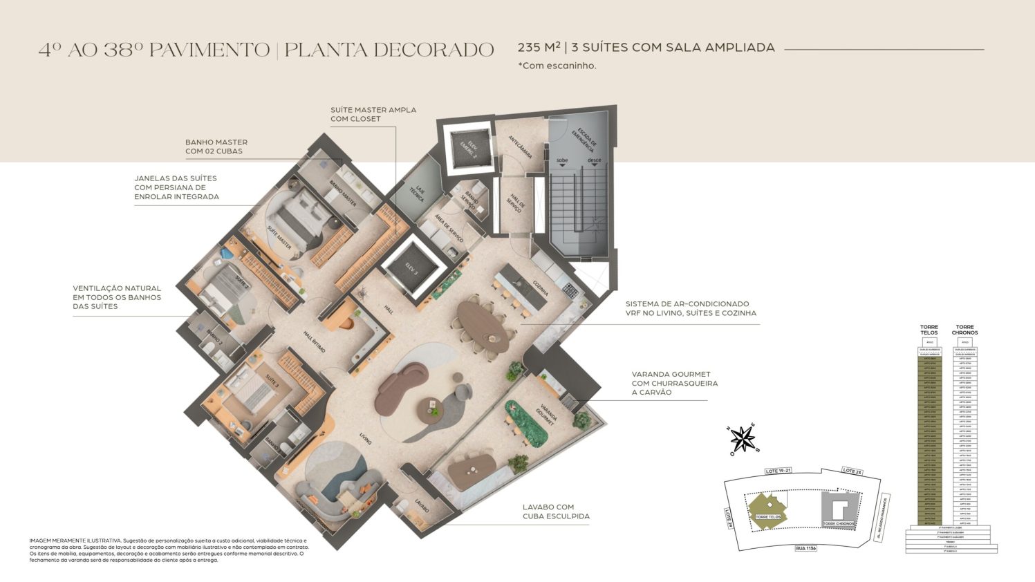 Planta Telos 235m² 3 Suítes Sala Ampliada Com Escaninho