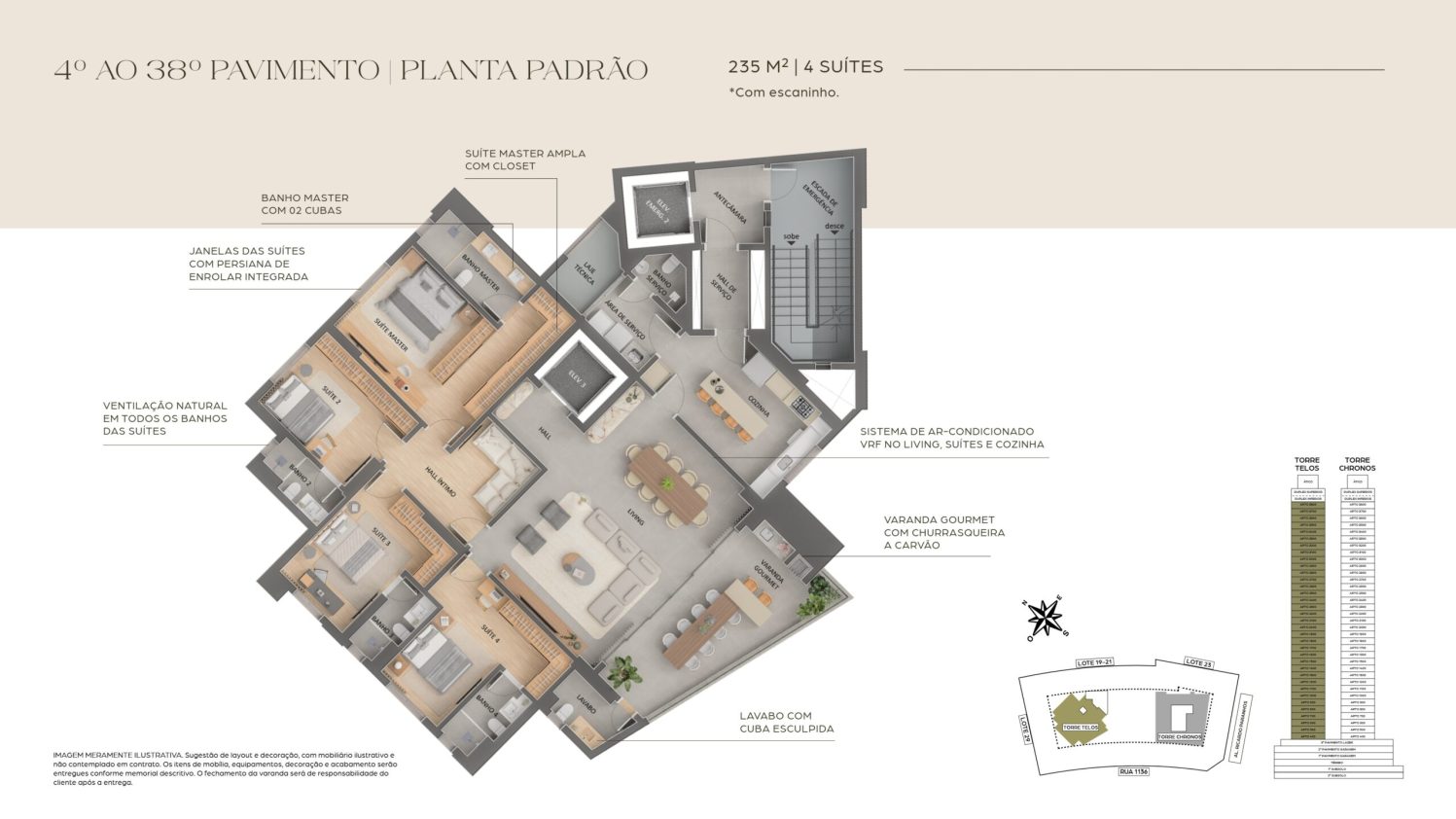 Planta Telos 235m² 4 Suítes Com Escaninho